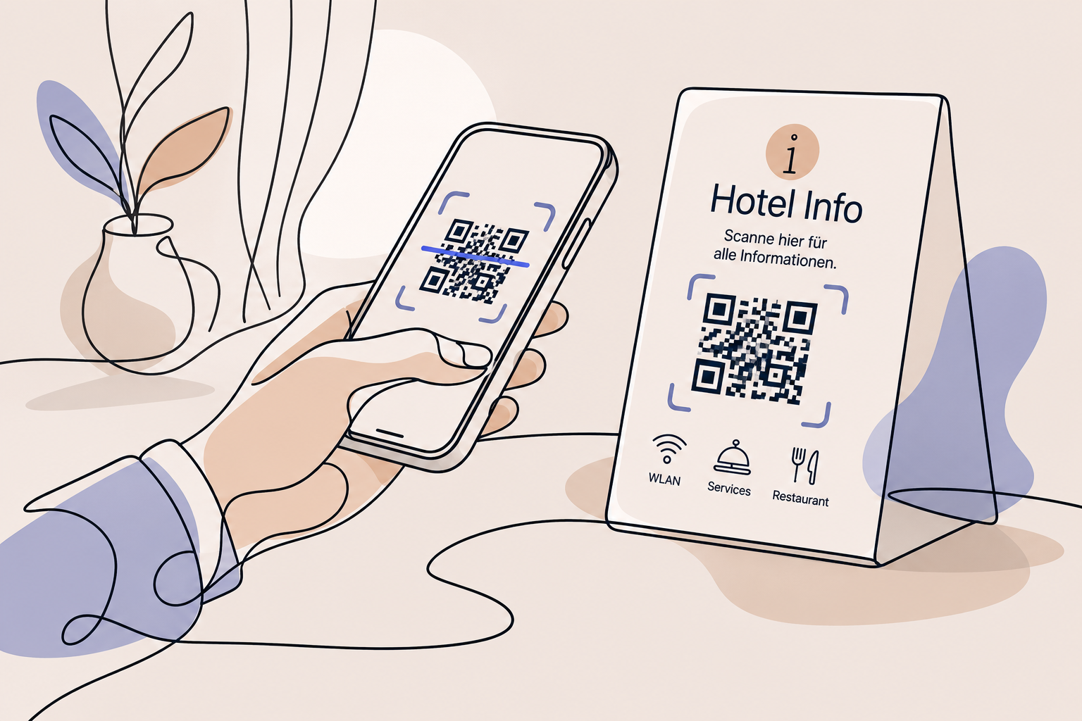 Illustration: Hand with smartphone scanning a QR code on a guest info card in a hotel room.