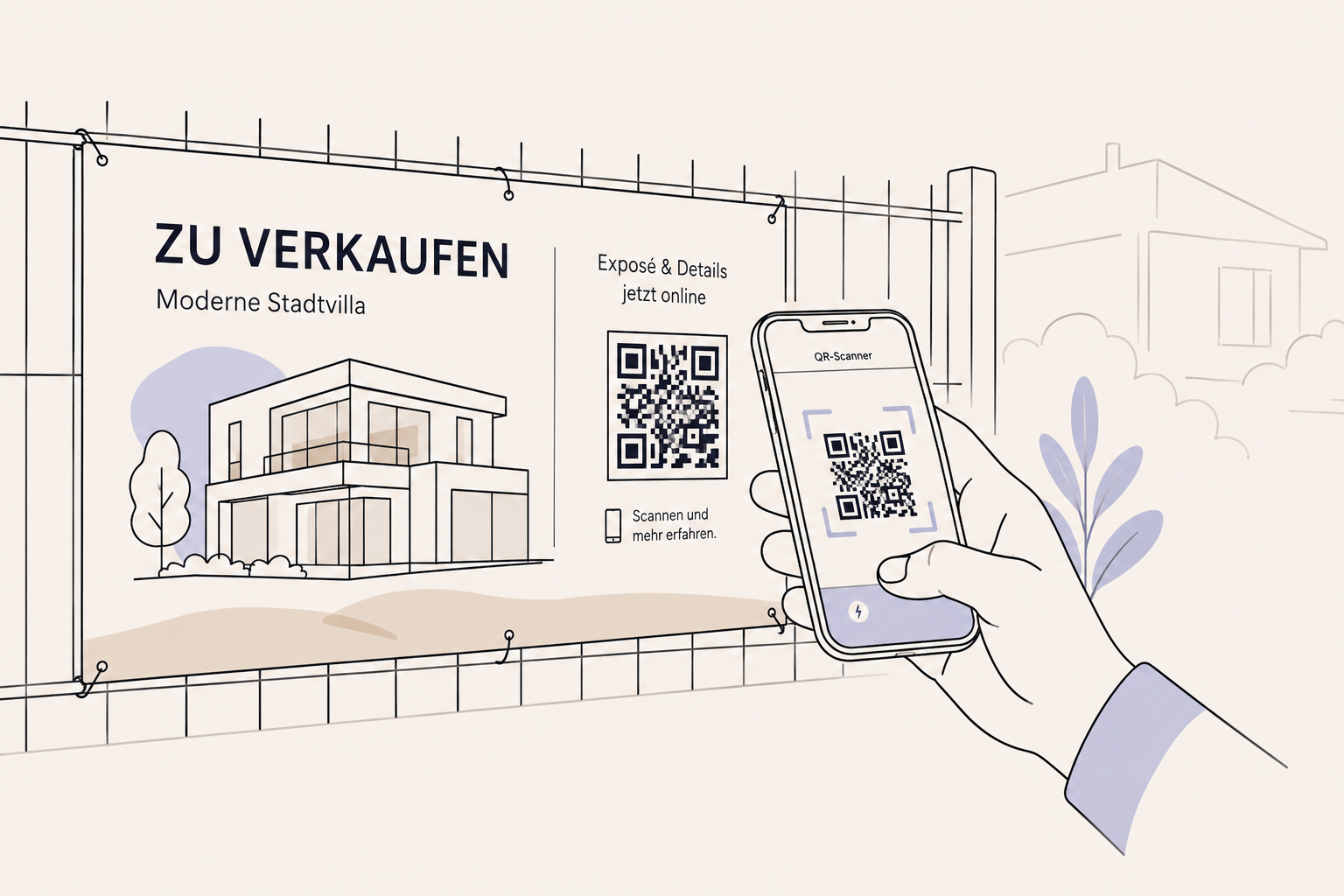 Illustration: Hand with smartphone scanning a QR code on a property notice in a shop window.