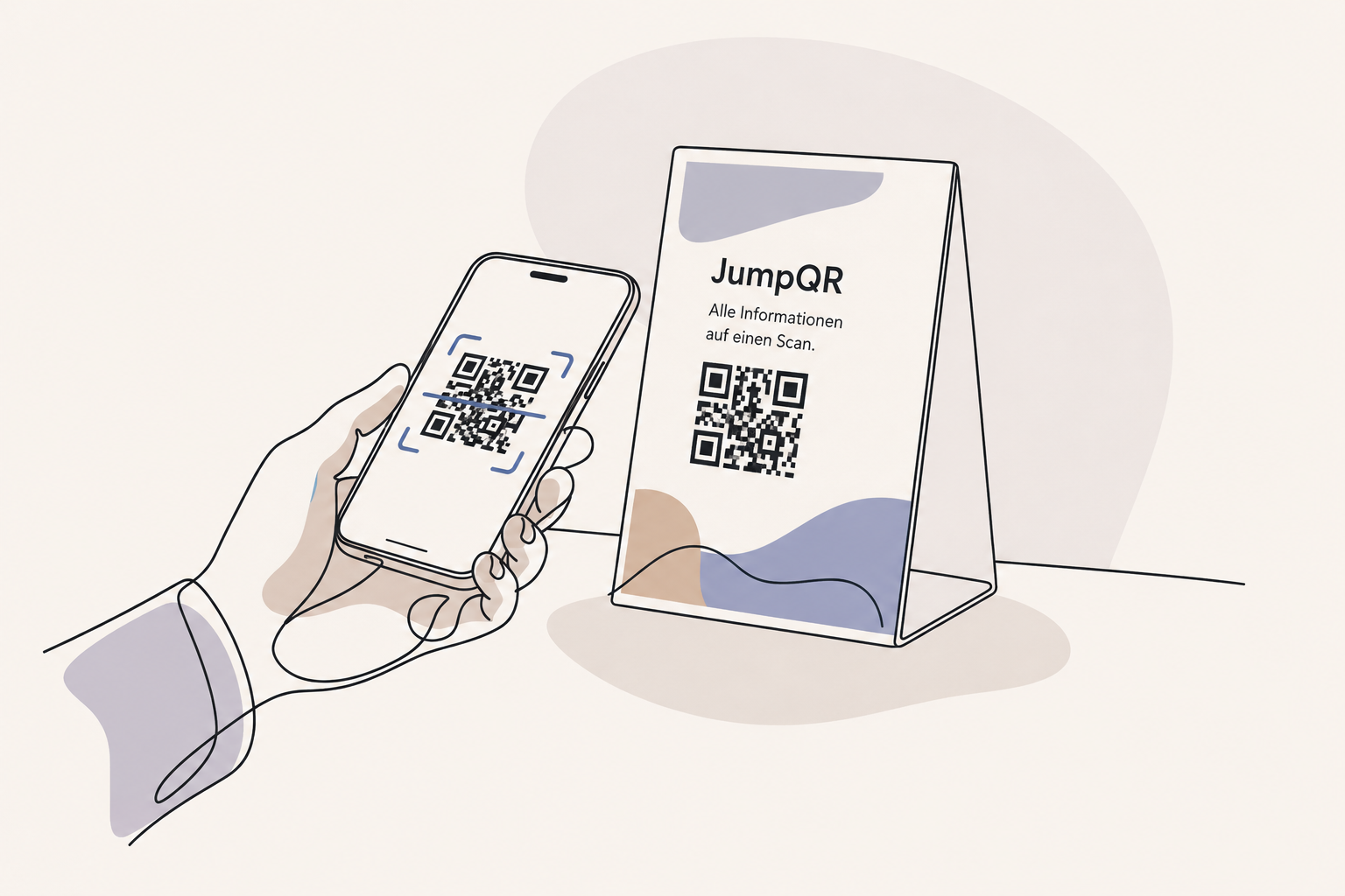 Illustration: Hand with smartphone scanning a QR code on a campaign flyer or trade fair stand.