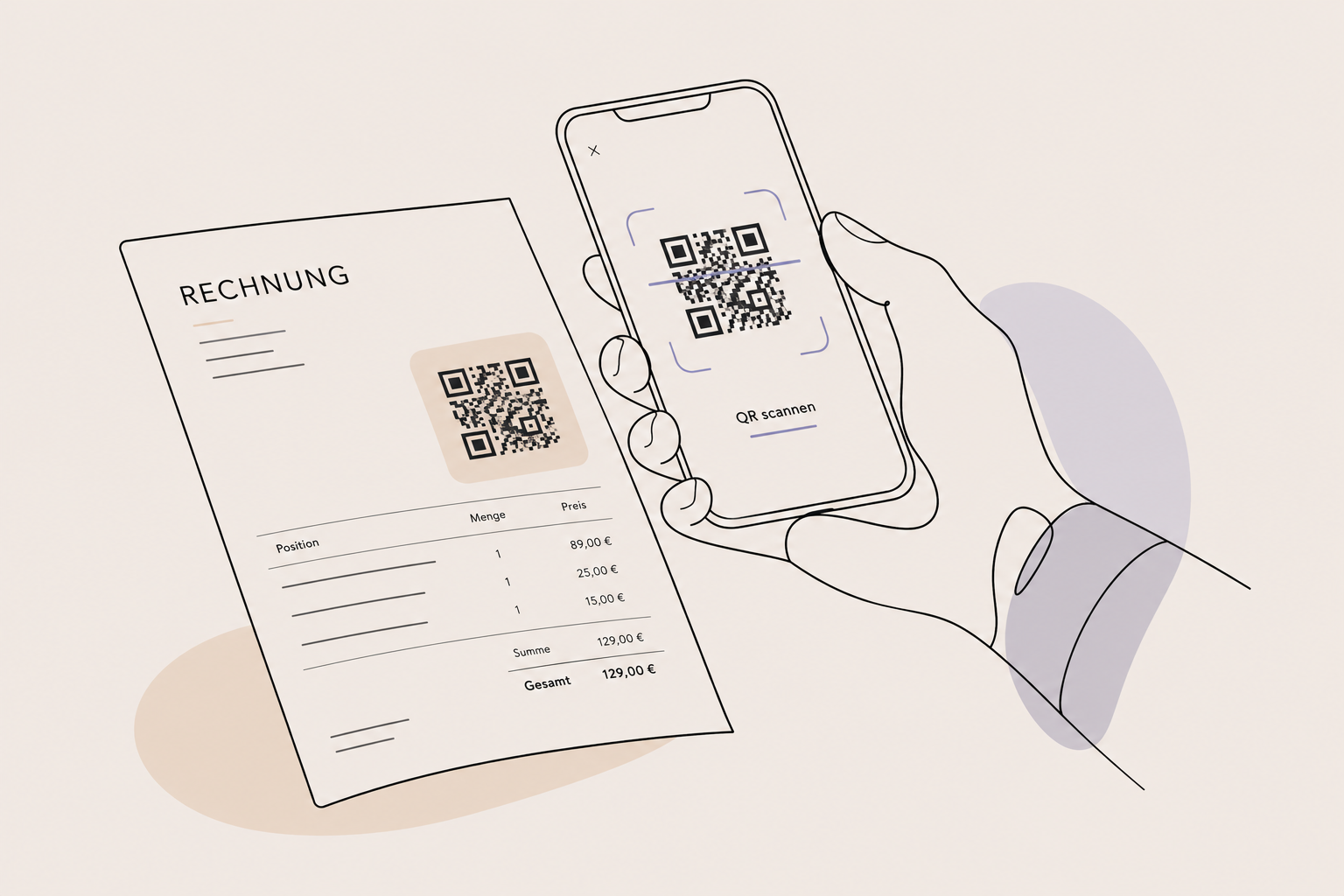 Illustration: Hand with smartphone scanning a QR code on an invoice or feedback card.