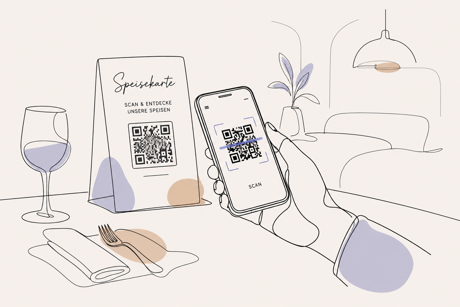 Illustration: Hand with smartphone scanning a QR code on a menu stand in a restaurant.