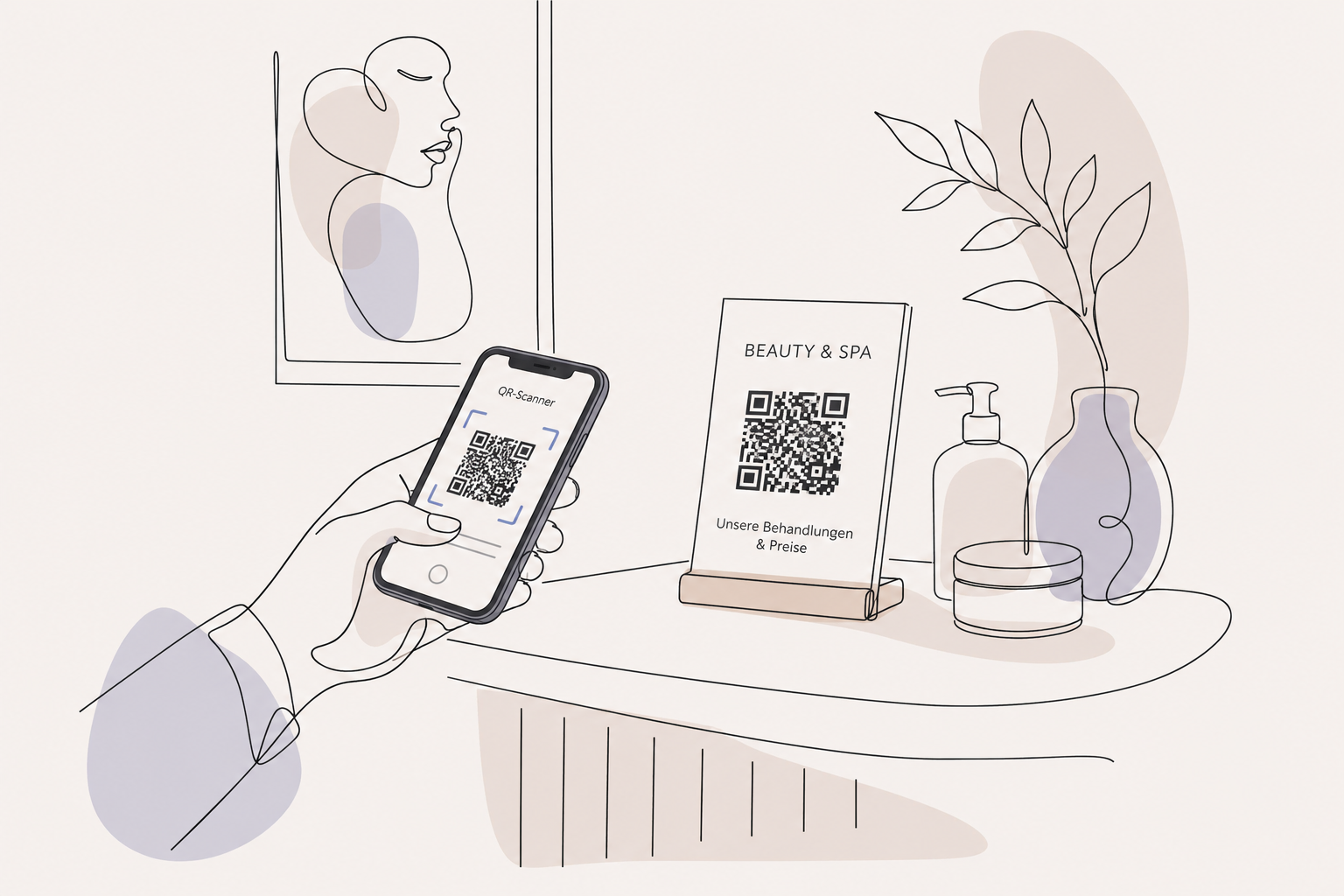 Illustration: Hand with smartphone scanning a QR code on a beauty or spa flyer at reception.
