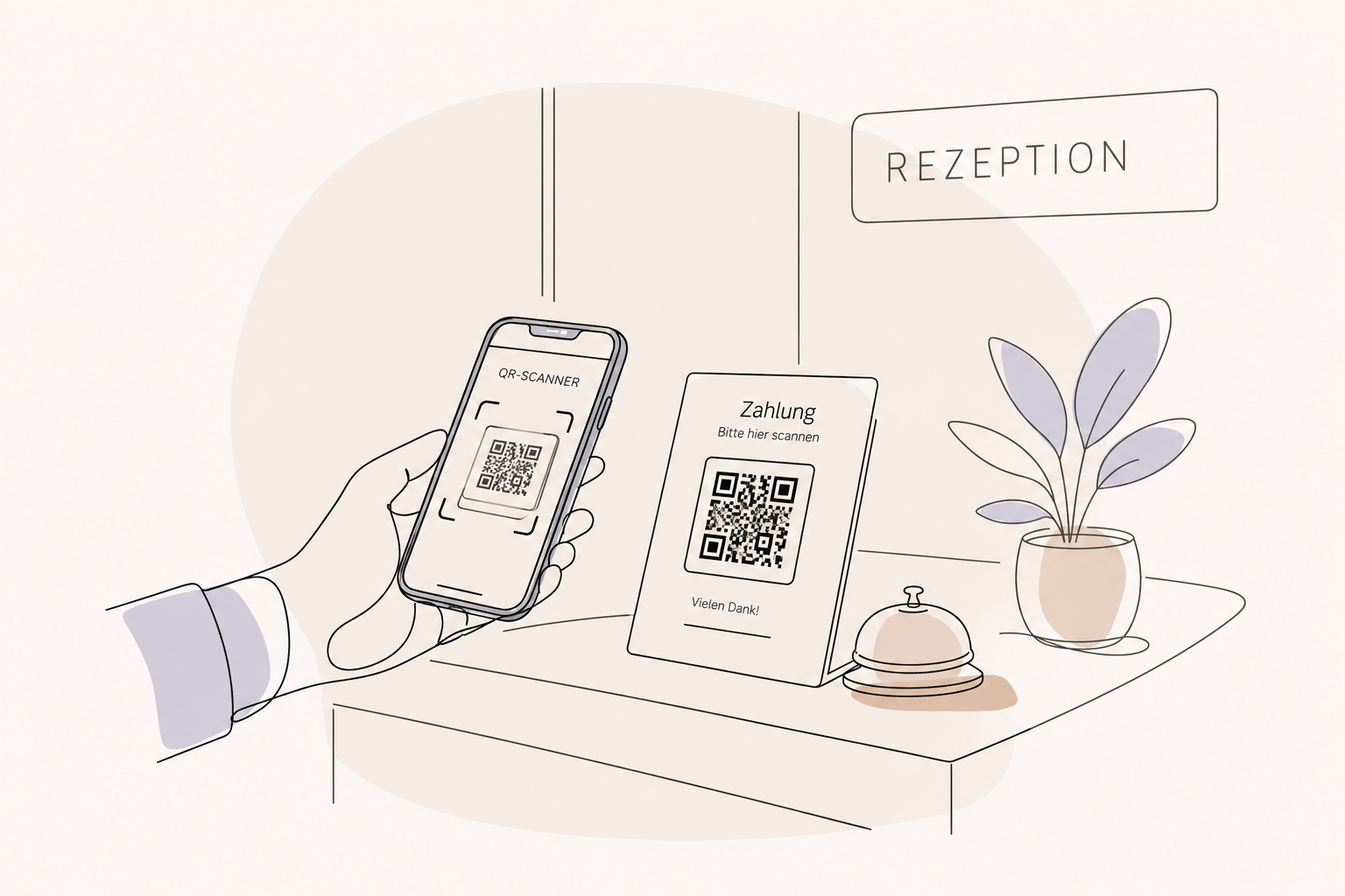 Illustration: Hand with smartphone scanning a payment QR code on an invoice.